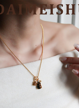 新款复古时尚百搭美拉德虎眼石双葫芦吊坠项链轻奢高级感锁骨链女