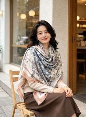 新款线条插画水溶羊毛围巾文艺清新女士长巾围巾戒指绒保暖披肩