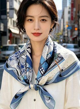 桑蚕丝斜纹绸方巾轻奢蓝调街角90cm印花丝巾女士百搭丝巾