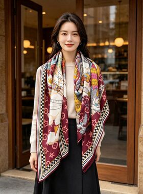告白气球高档品质真丝羊毛双面印花140丝毛大方巾保暖披肩女