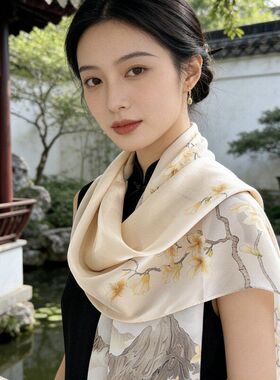 杭州真丝丝巾女江南韵味素绉缎香槟色花卉印花桑蚕丝长巾围巾