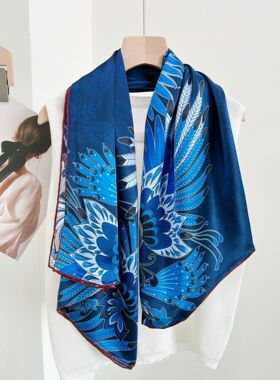 蓝色羽毛花12姆米真丝大方巾秋冬季110缎面方巾桑蚕丝丝巾披肩
