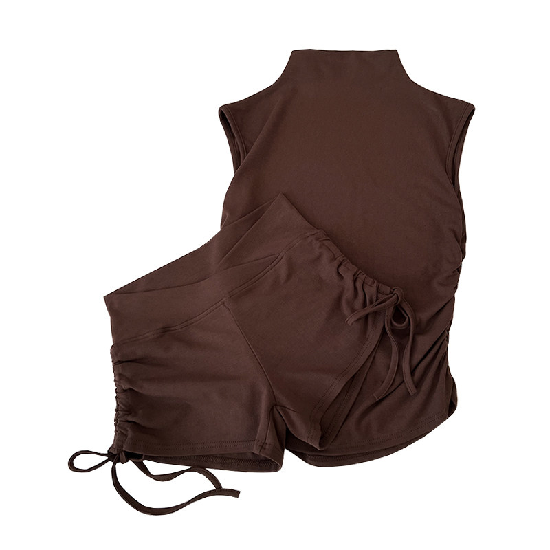 半高领褶皱修身显瘦短款无袖背心上衣+高腰显瘦抽绳短裤两件套女,淘宝优惠券,粉丝福利购,淘宝优惠卷