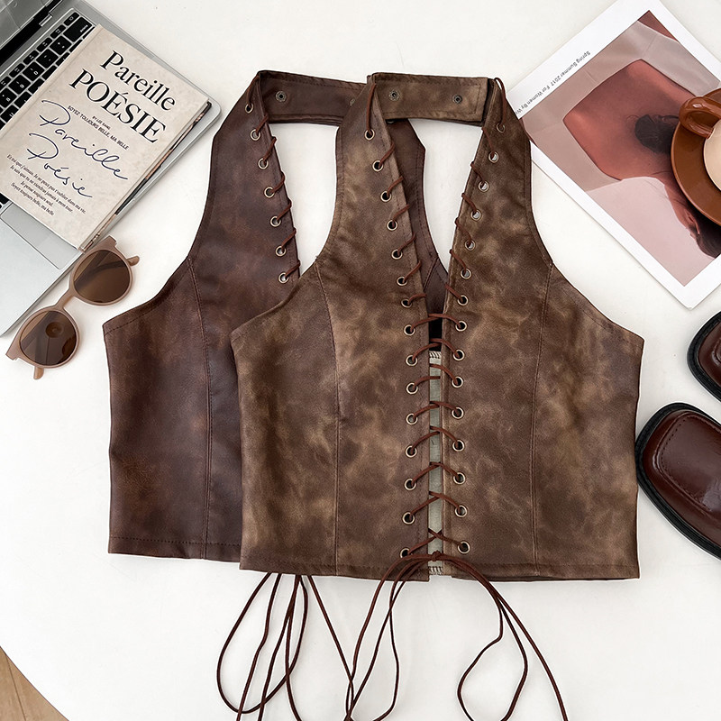 美式复古辣妹时尚百搭PU皮挂脖交叉系带露背吊带背心内搭上衣女,淘宝优惠券,粉丝福利购,淘宝优惠卷