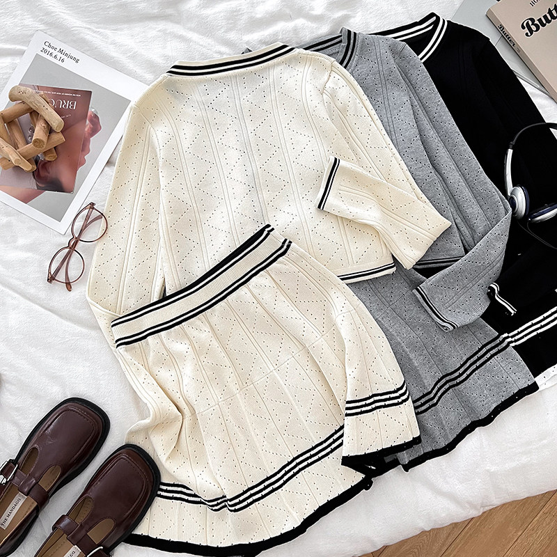 小香风圆领无袖背心上衣+长袖针织衫开衫+高腰显瘦半身裙百褶裙女,淘宝优惠券,粉丝福利购,淘宝优惠卷