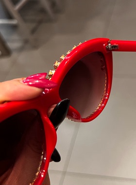 美式复古猫眼红色太阳镜街拍眼镜