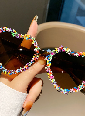 新款彩色手工碎石爱心太阳镜