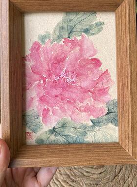 纯手绘没骨画牡丹花小写意客厅书房摆台摆件装饰画含框花开富贵