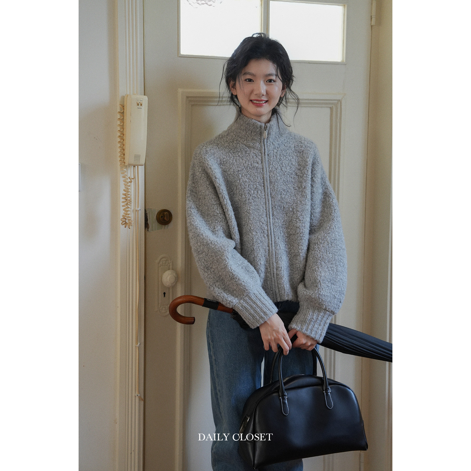 DAILYCLOSET 圈住暖意 厚款圆领灰色圈圈纱100羊毛针织毛衣开衫 - 图3