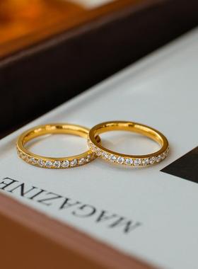 Rusizi超闪满钻莫桑钻素圈女戒指18K金叠带小众男指环排镶不褪色