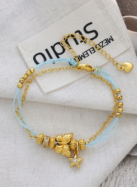 蓝色编绳蝴蝶锆石小清新国潮手链