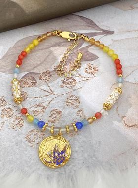 铜合金手链18K金花间彩色串珠