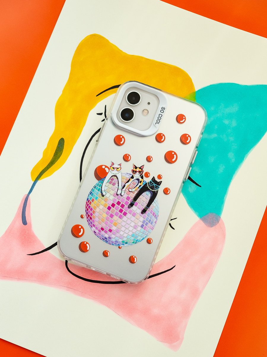 Disco猫猫原创插画可爱创意搞怪艺术全包镭射彩银渐变手机壳透明壳适用于iPhoneAir苹果17ProMax华为P80小米