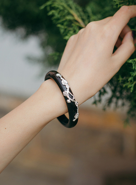 熙素原创檀木手镯女纯银梅花镶嵌天然黑檀木镶银手镯手环饰品礼物