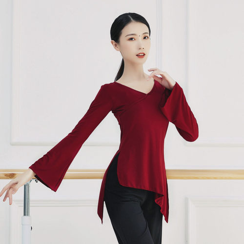 酒红色莫代尔中国舞中国风身韵服古典舞舞蹈服装练功服套装上衣女 - 图0