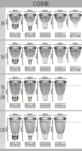 LED灯杯COB射灯泡E27E14螺口GU10卡口GU5.3MR16插脚白光暖黄光 - 图1