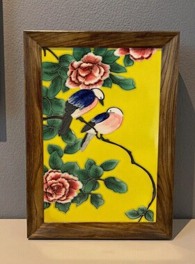 瓷板画老榆木画框立体浮雕手绘瓷
