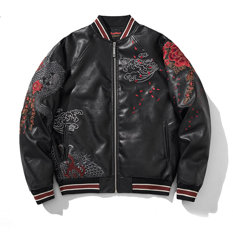 猴子商店三龙刺绣PU皮衣保暖男棒球服复古个性国潮冬羽绒服 - 图0