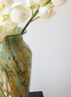 高级轻奢水培百合插花摆件现代家居复古岩石肌理玻琉璃样板间花瓶