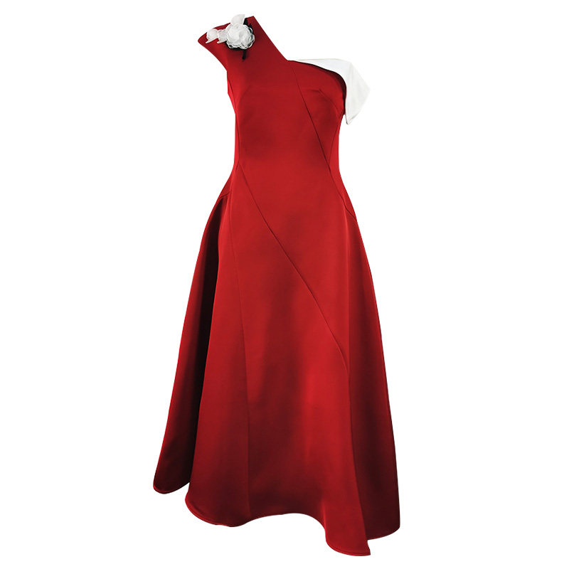 越南设计师小众气质斜肩撞色红色结婚小礼服女年会宴会显瘦连衣裙