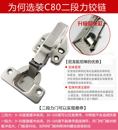 三维调节橱柜烟斗阻尼液压缓冲铰链脱卸合页尼龙缸体C80 - 图0