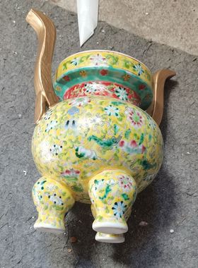 景德镇陶瓷香炉手绘仿古黄色粉彩三脚香炉摆设