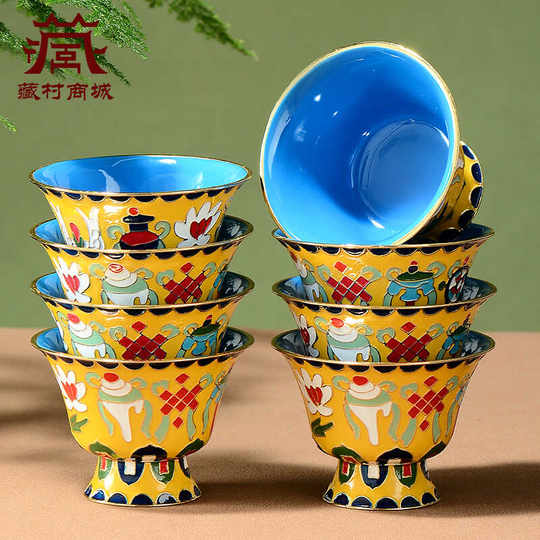 Tibetan Village Painted Cloisonné Eight Offering Bowls and Water Cups Eight Auspicious Carved Purified Water Supply Bowls Ceramic Guanyin Holy Water Cups