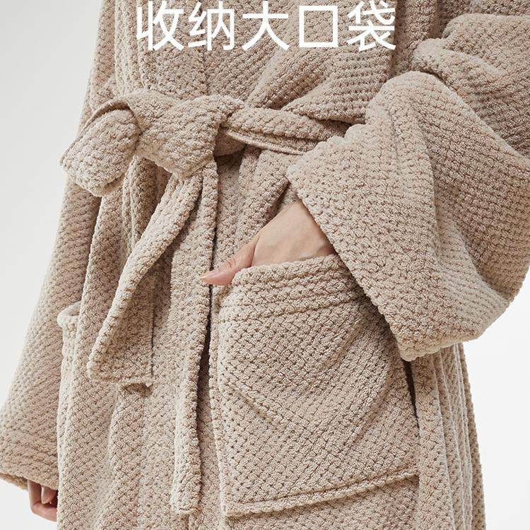 成人浴袍女珊瑚绒睡袍菠萝格简约柔软舒适吸水速干软软糯糯长浴衣,淘宝优惠券,粉丝福利购,淘宝优惠卷