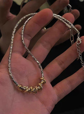 欧美金银扭转撞色钛钢项链男女百搭小众设计金色粗链条缠绕