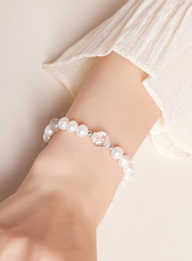 S925纯银天然淡水珍珠菱形白水晶手链女新中式高级感百搭轻奢手链