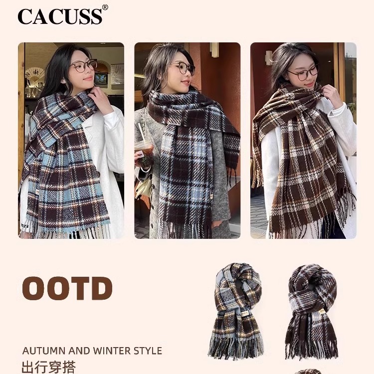 CACUSS秋冬季围巾仿羊绒格子保暖情侣百搭韩系学生围脖礼物高级感 - 图1