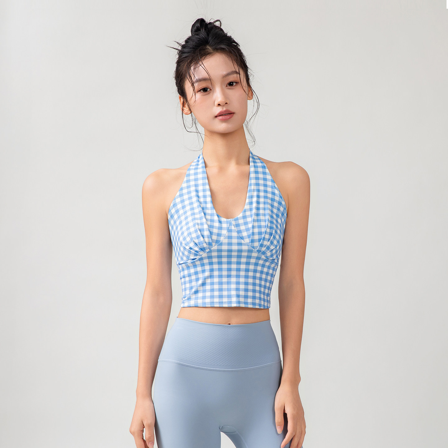 新款运动内衣女性感女士时尚瑜伽背心挂脖式防震格子健身外穿文胸,淘宝优惠券,粉丝福利购,淘宝优惠卷