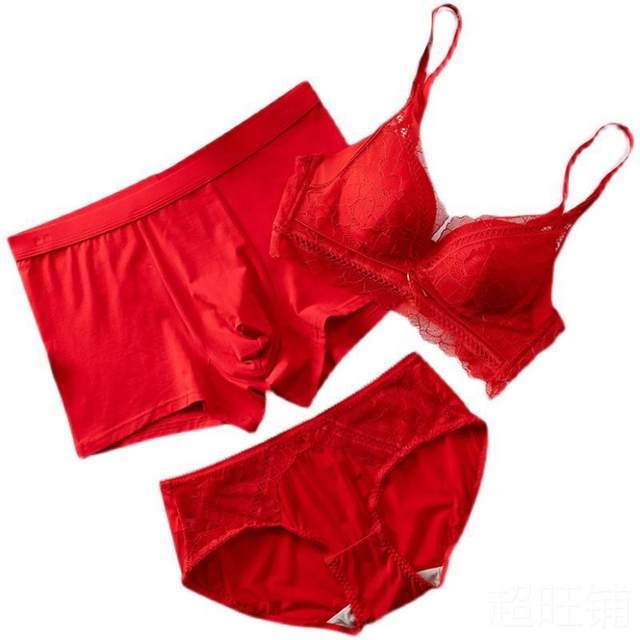 Tide brand pure cotton big red bunny year couple underwear set three -piece set with bra, wedding couple panties