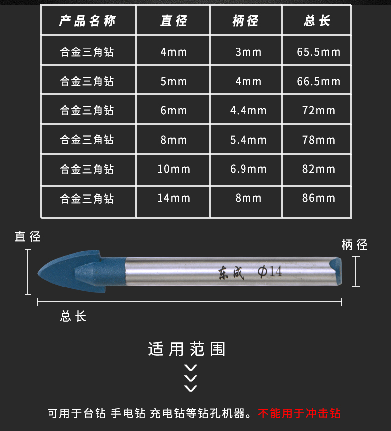 东成合金三角钻头6mm尖角瓷砖钻头手电钻陶瓷玻璃钻头开孔扩孔器