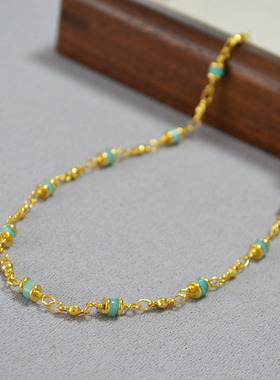 欧美时尚简约黄铜镀金清新海蓝色石头串珠手工链条轻奢项链锁骨链