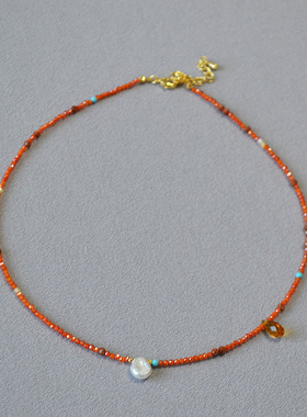 新年喜庆法式小众设计复古红色锆石不对称设计花瓣珍珠项链锁骨链