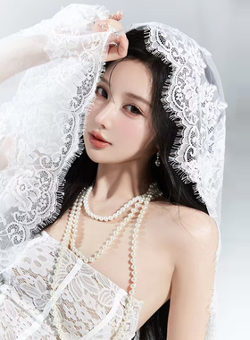 韩式新娘结婚头纱主婚纱头饰白色蕾丝花边头纱万圣节派对道具头饰