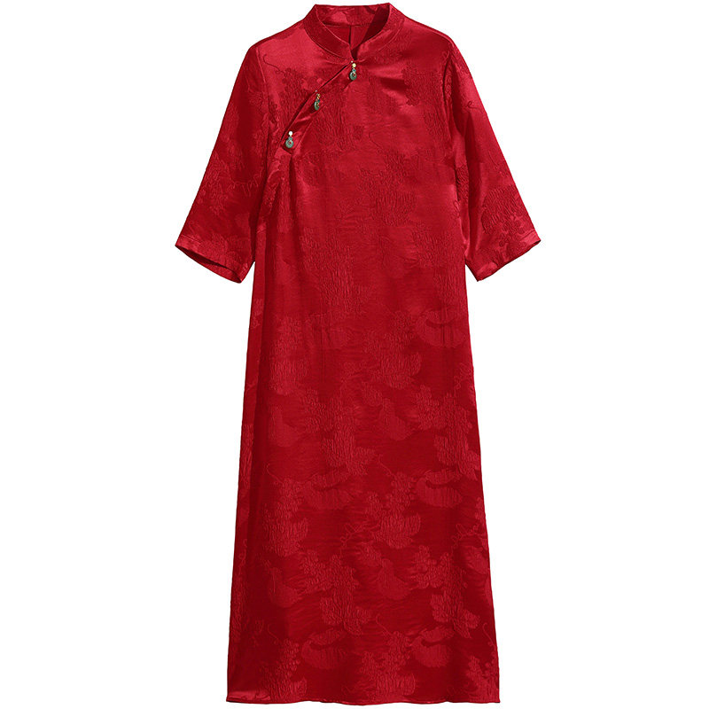 冠乐皱真丝连衣裙妈妈高贵喜婆婆婚宴装夏季大牌桑蚕丝改良旗袍女