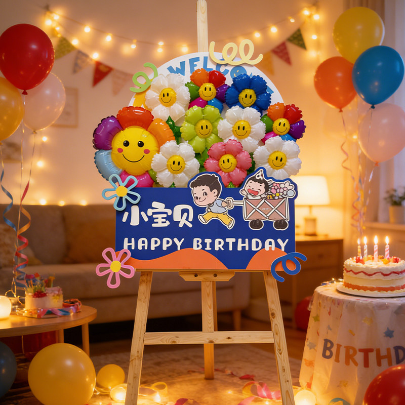 宝宝宴周岁生日卡通气球花朵迎宾立牌酒店餐厅门口装饰布置KT板,淘宝优惠券,粉丝福利购,淘宝优惠卷