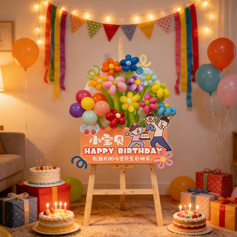 宝宝宴周岁生日卡通气球花朵迎宾立牌酒店餐厅门口装饰布置KT板,淘宝优惠券,粉丝福利购,淘宝优惠卷