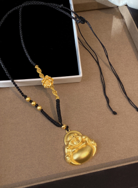 情侣款黑色编织绳黄金色长项链