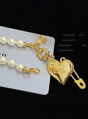 韦雪同款项链超饱满重工爱心别针西太后土星施家珍珠桃心毛衣链女