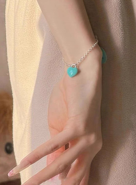 巨显白~蓝绿色珐琅爱心项链手链