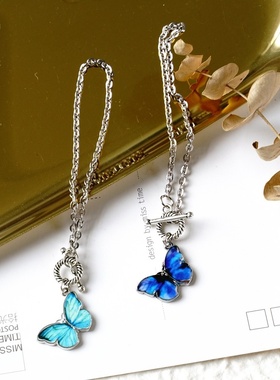 2026时尚韩国东大门蓝色蝴蝶一字扣手链小众设计ins情侣闺蜜手镯