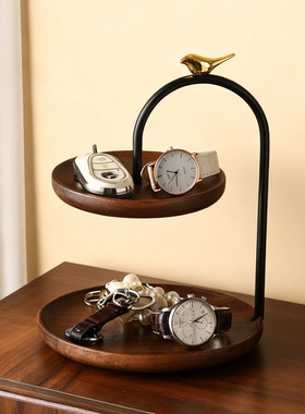 中古风胡桃木入户门玄关放钥匙置物架收纳摆件家居客厅鞋柜装饰品