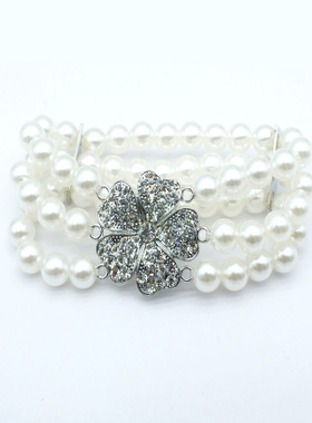 韩版时尚多层珍珠弹力手链水钻花朵手镯