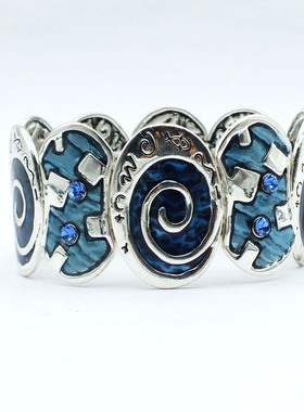 欧美时尚复古珐琅彩几何手镯女士夸张中古滴油旋涡弹力手链