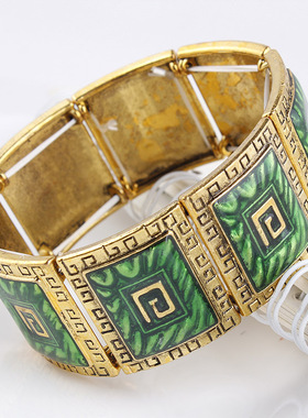 欧美时尚复古珐琅彩手镯古金色弹力手链