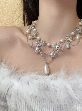 韩版气质水钻蝴蝶水滴珍珠流苏锁骨链时尚高级感甜美淑女项链