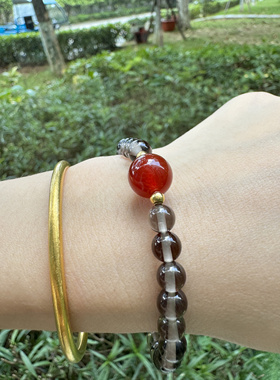 冰种黑曜石卡6+红玛瑙手串鸿运当头送礼黄金搭档女友母亲情侣手串